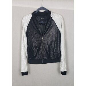 Love Star Sequin Bomber Jacket Black White Full Zip Womens L Holiday Party Retro
